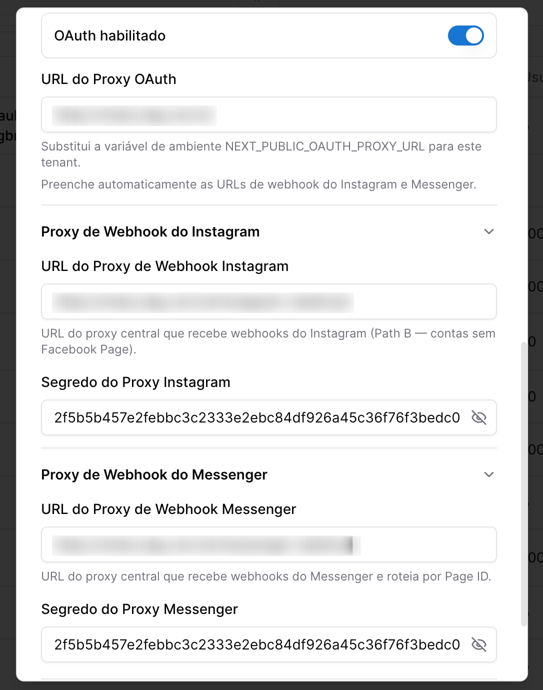 Sistema Ticket - tela de configuração do Tenant - oauth instagram e facebook messenger