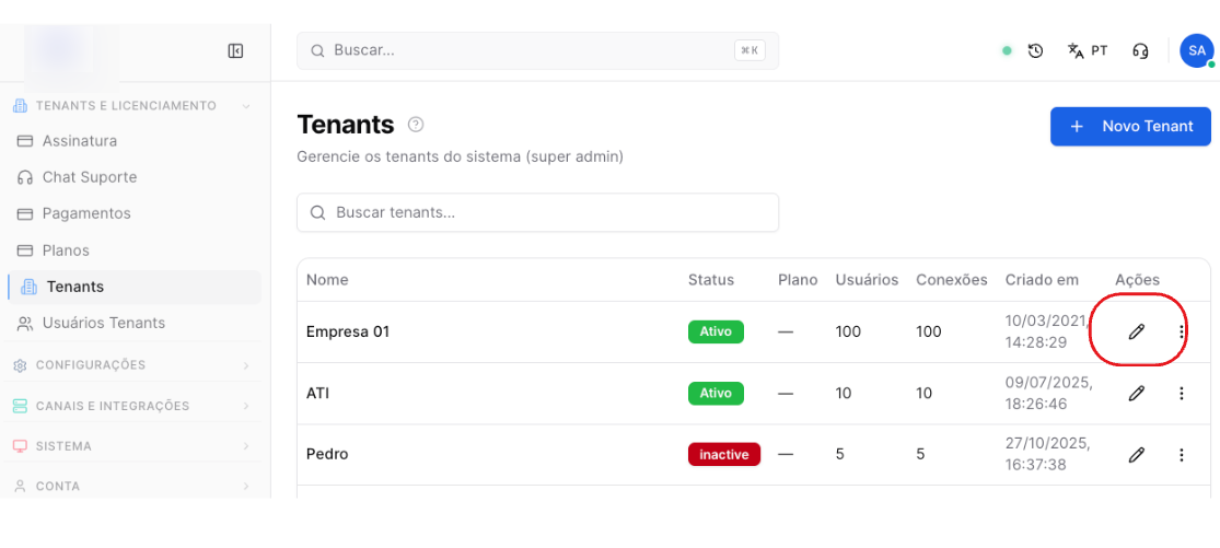 Sistema Ticket - tela de gestão de Tenants - como editar tenant